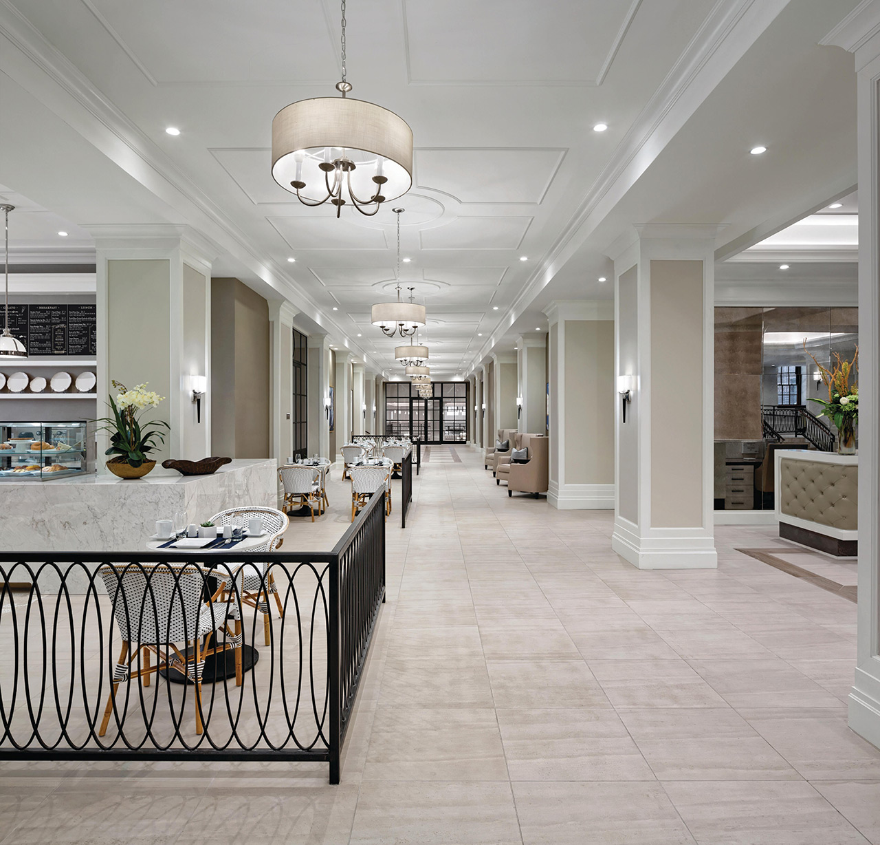 The Watermark at Brooklyn Heights white hallway with seating area.