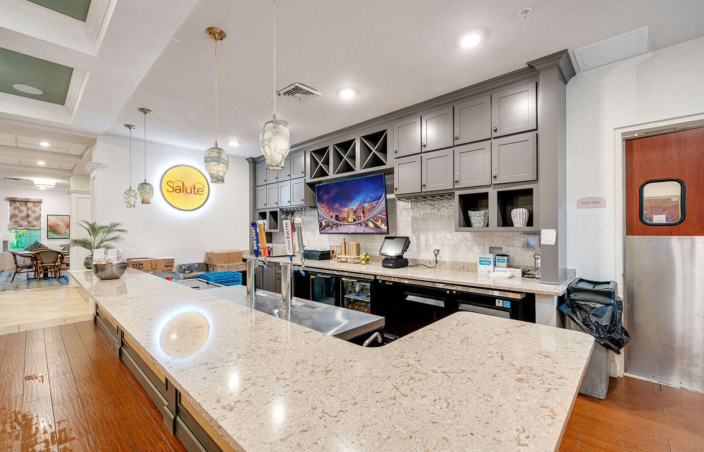 A kitchen area with a counter.