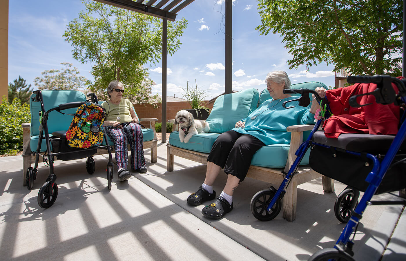 Two residents enjoying the sun in the garden.