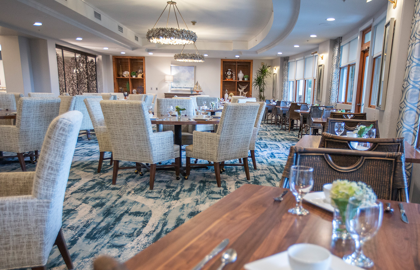 A dining room set for dinner.