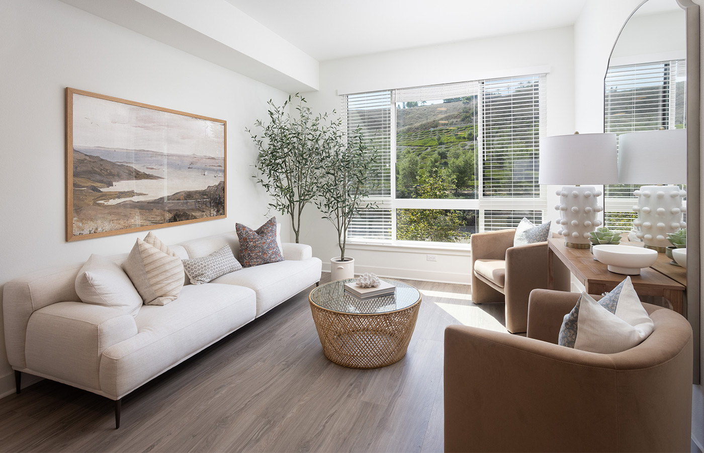 A fully furnished model apartment living room.