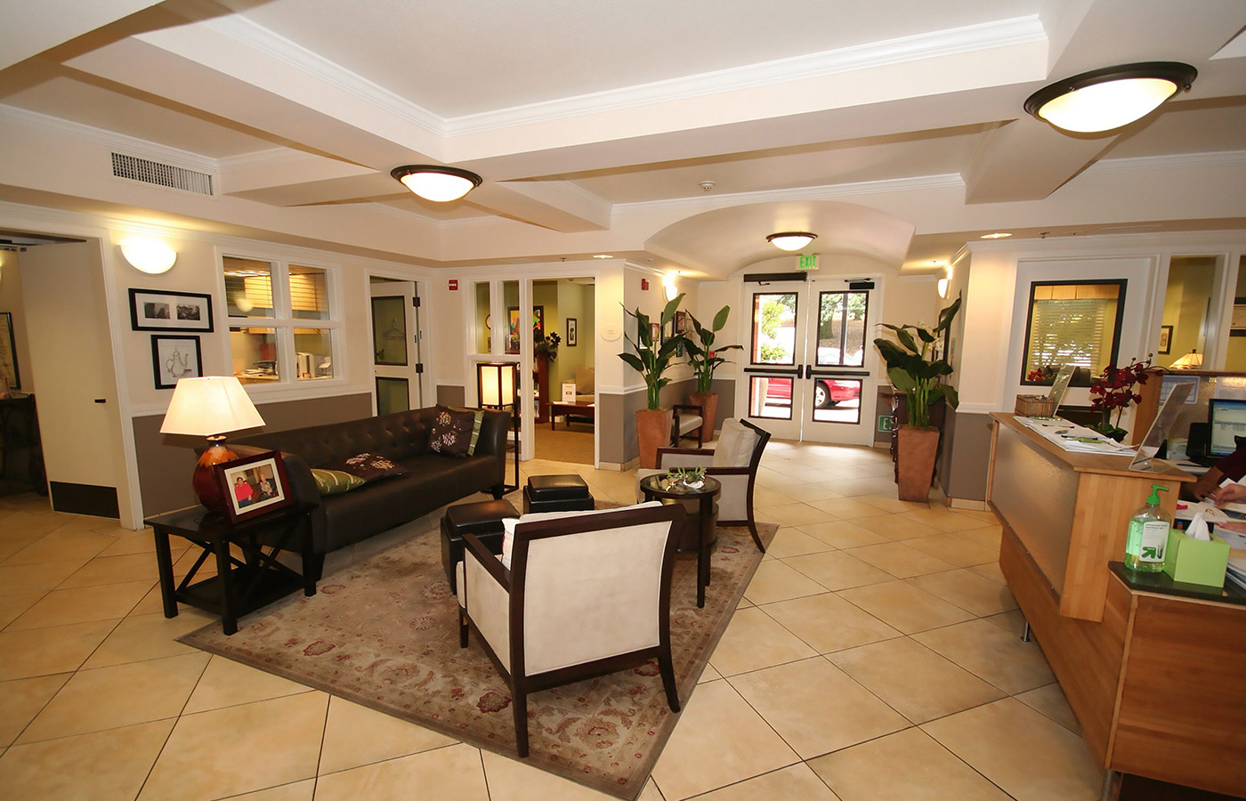 decorated lobby area with seating 