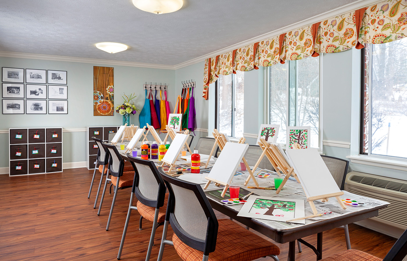 A table with paint materials.