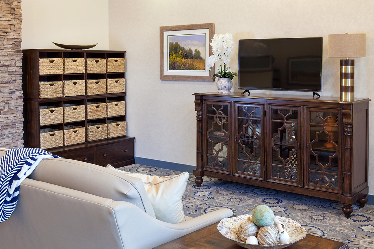 Furnished living room with tv, decorative accents, and a sofa.