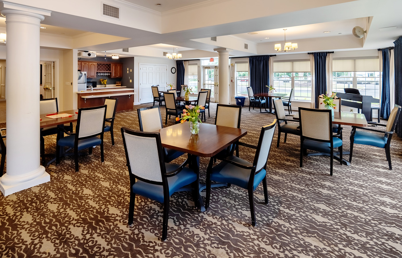 A dining room set for dinner.