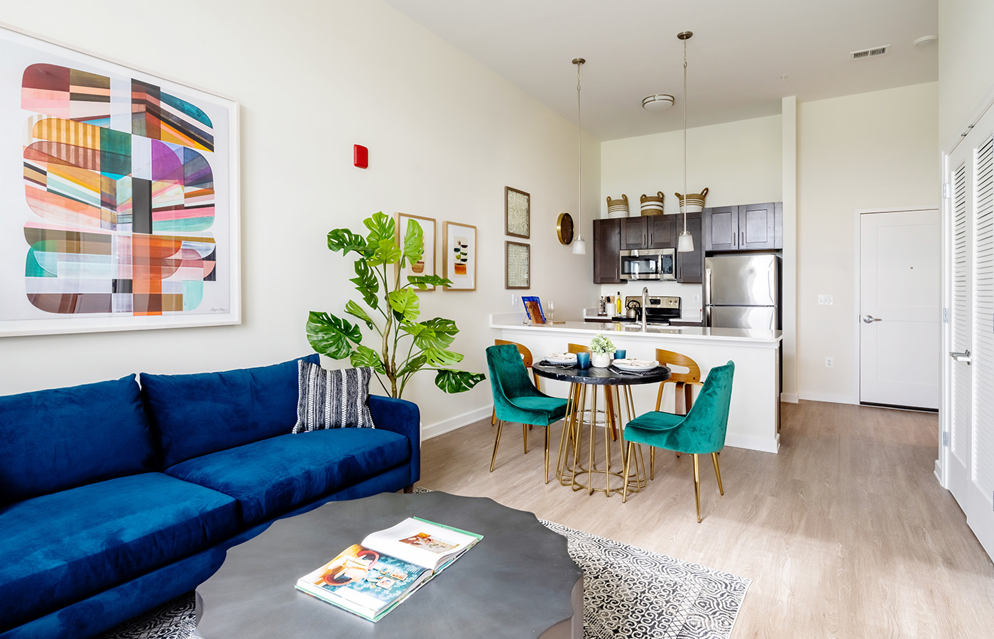 An open concept living room and kitchen.