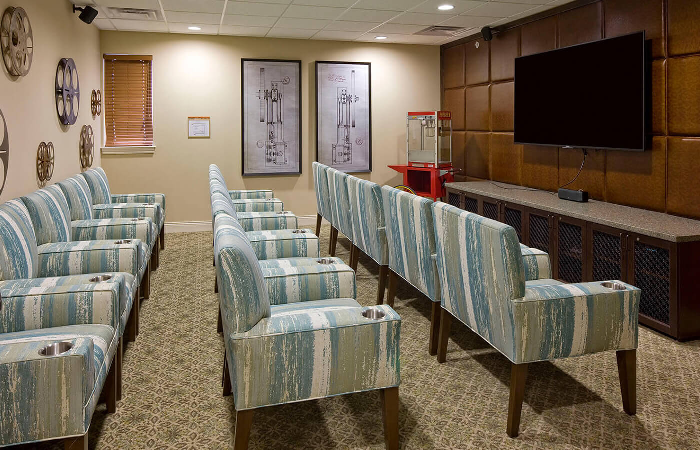 Rows of seats in media room.