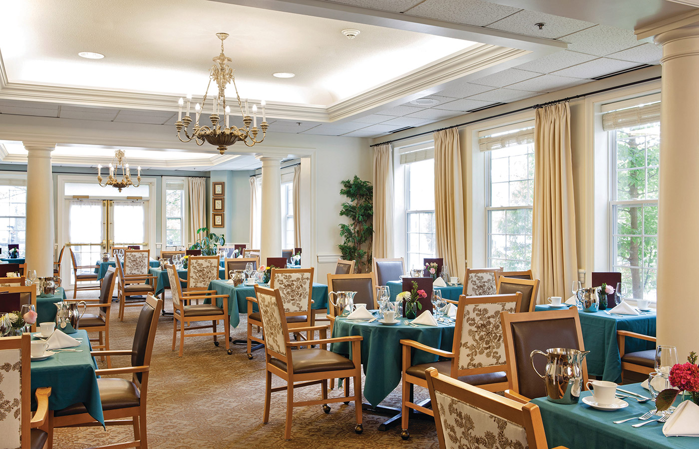 Dining room with seating area.