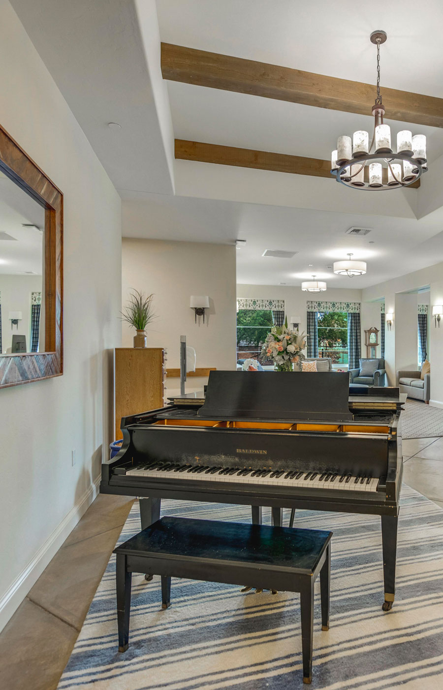 A grand piano in one of the common spaces. 