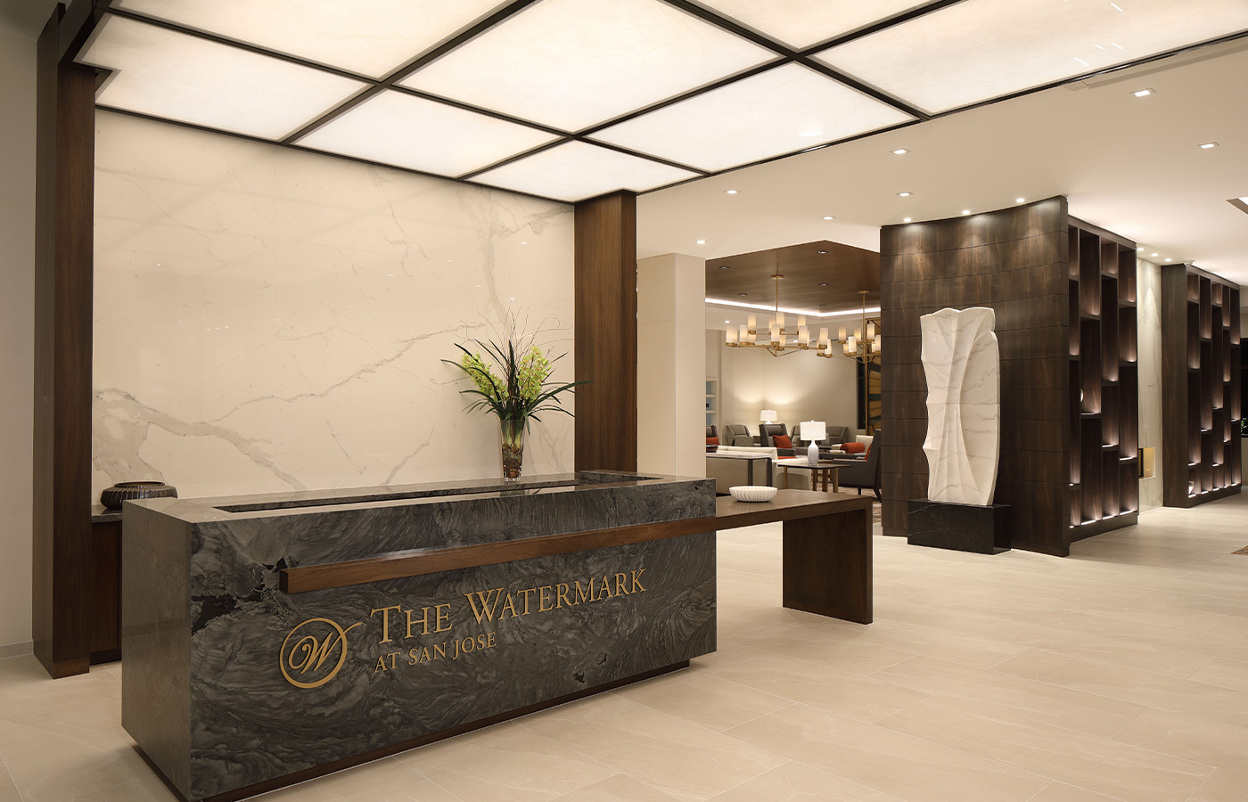 A lobby with a front desk.