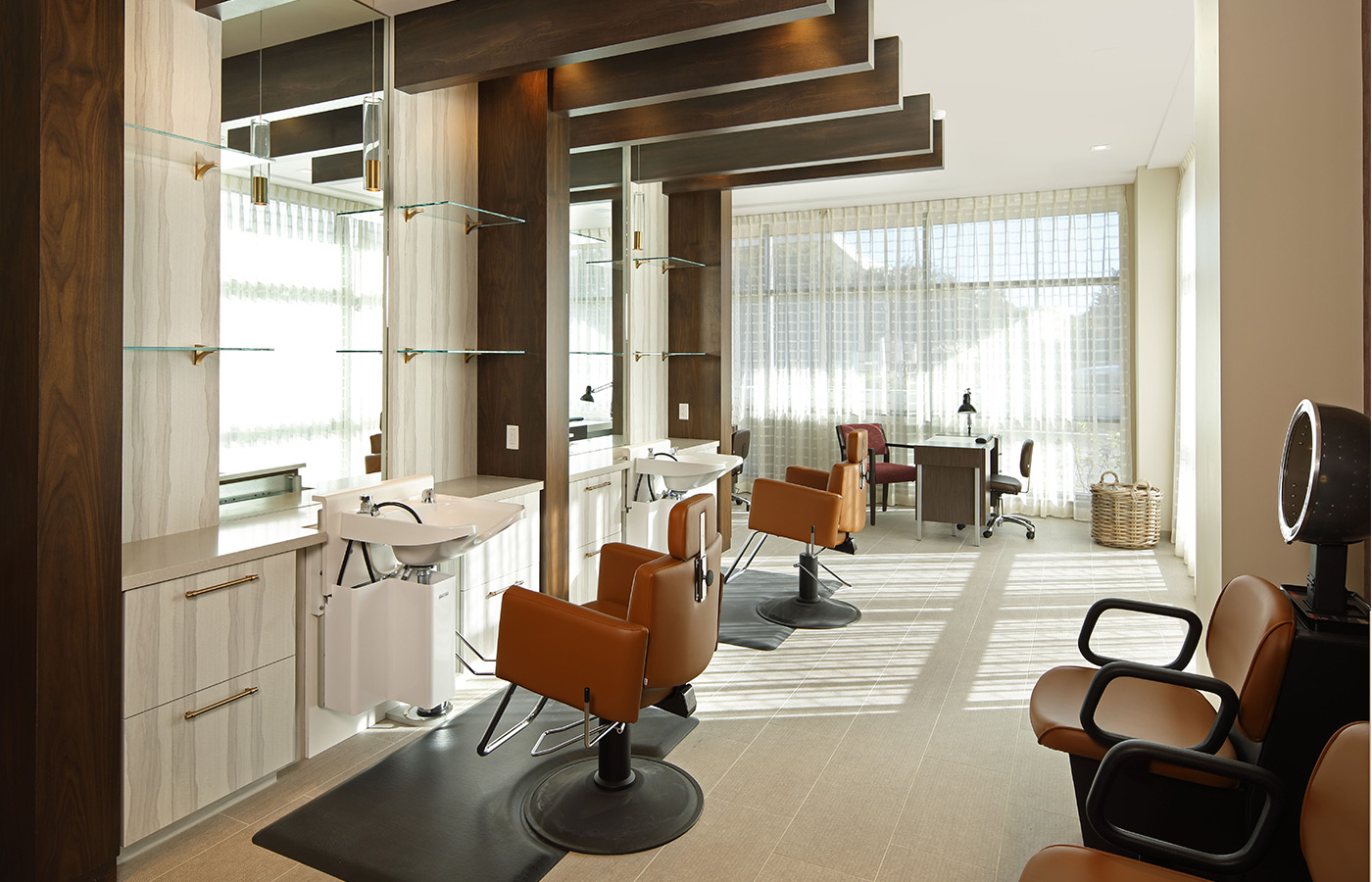 A salon with styling stations.