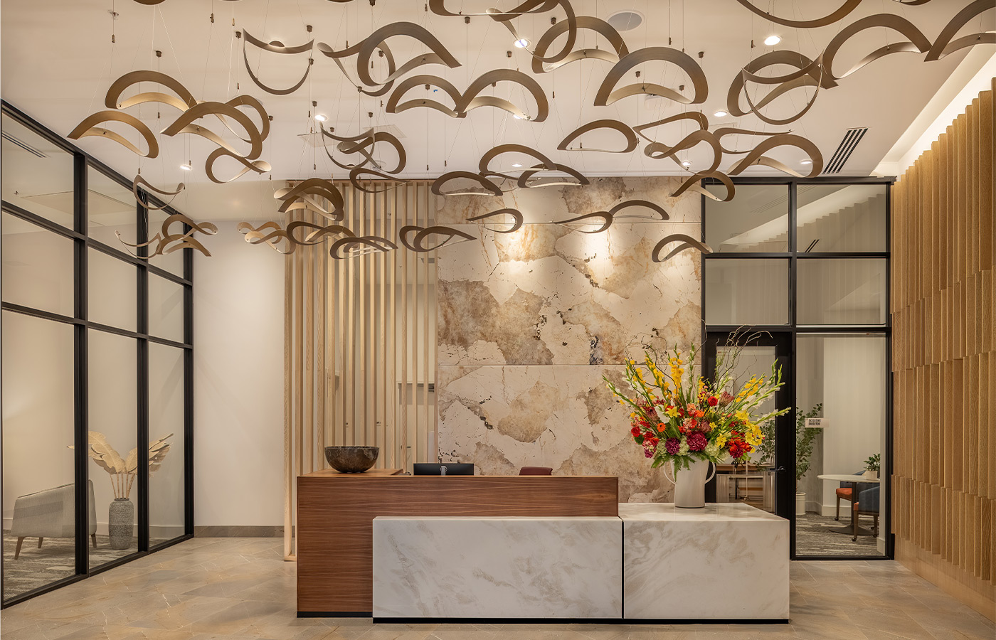 A lobby with a front desk.