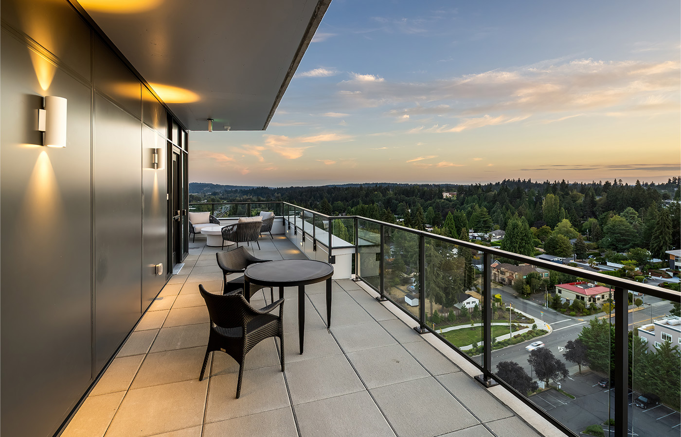 A balcony with seating.