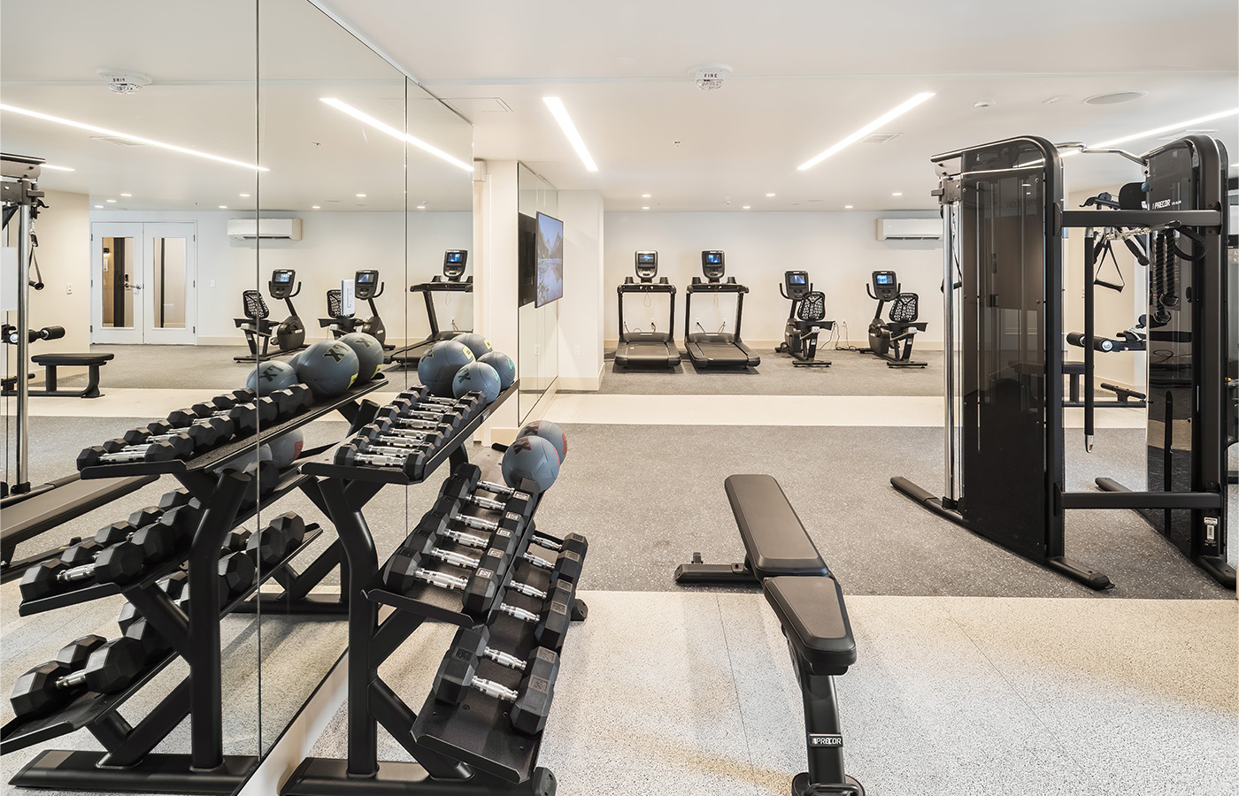 A fitness center with equipment.