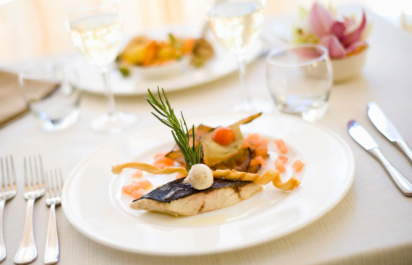 A dinner plate with fish and garnish on it.