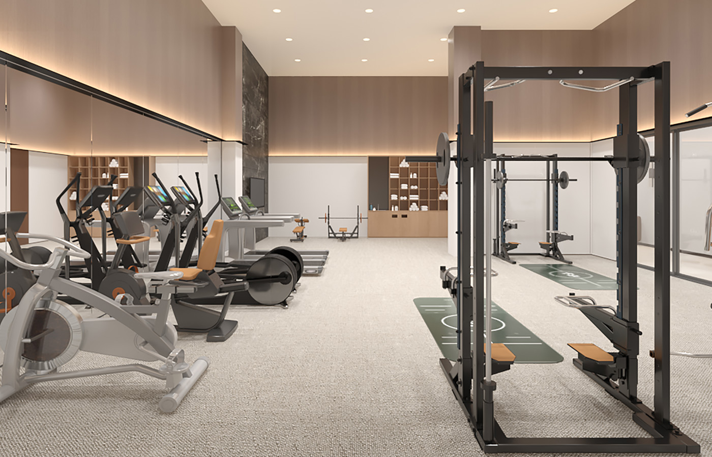 A fitness center with gym equipment.