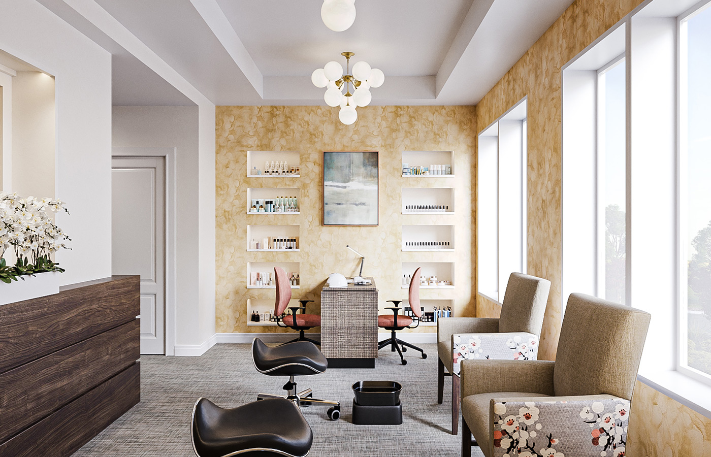 The salon with stations for pedicures.