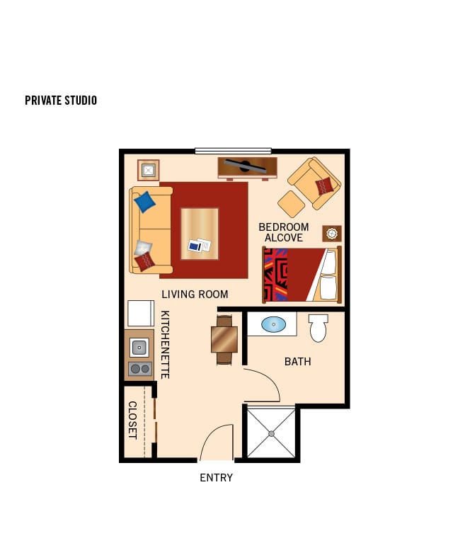 Studio bedroom apartment floor plan.