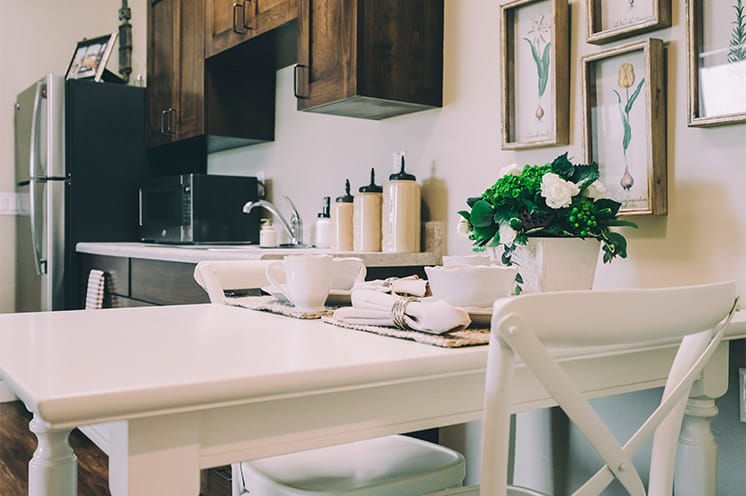 A kitchen in an apartment at The Watermark at Continental Ranch.