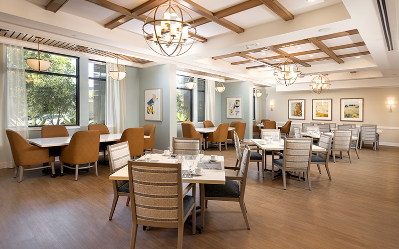 A dining space with tables.