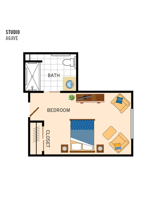 Studio floor plan for assisted living and memory care at the hacienda at The Hacienda at the River.