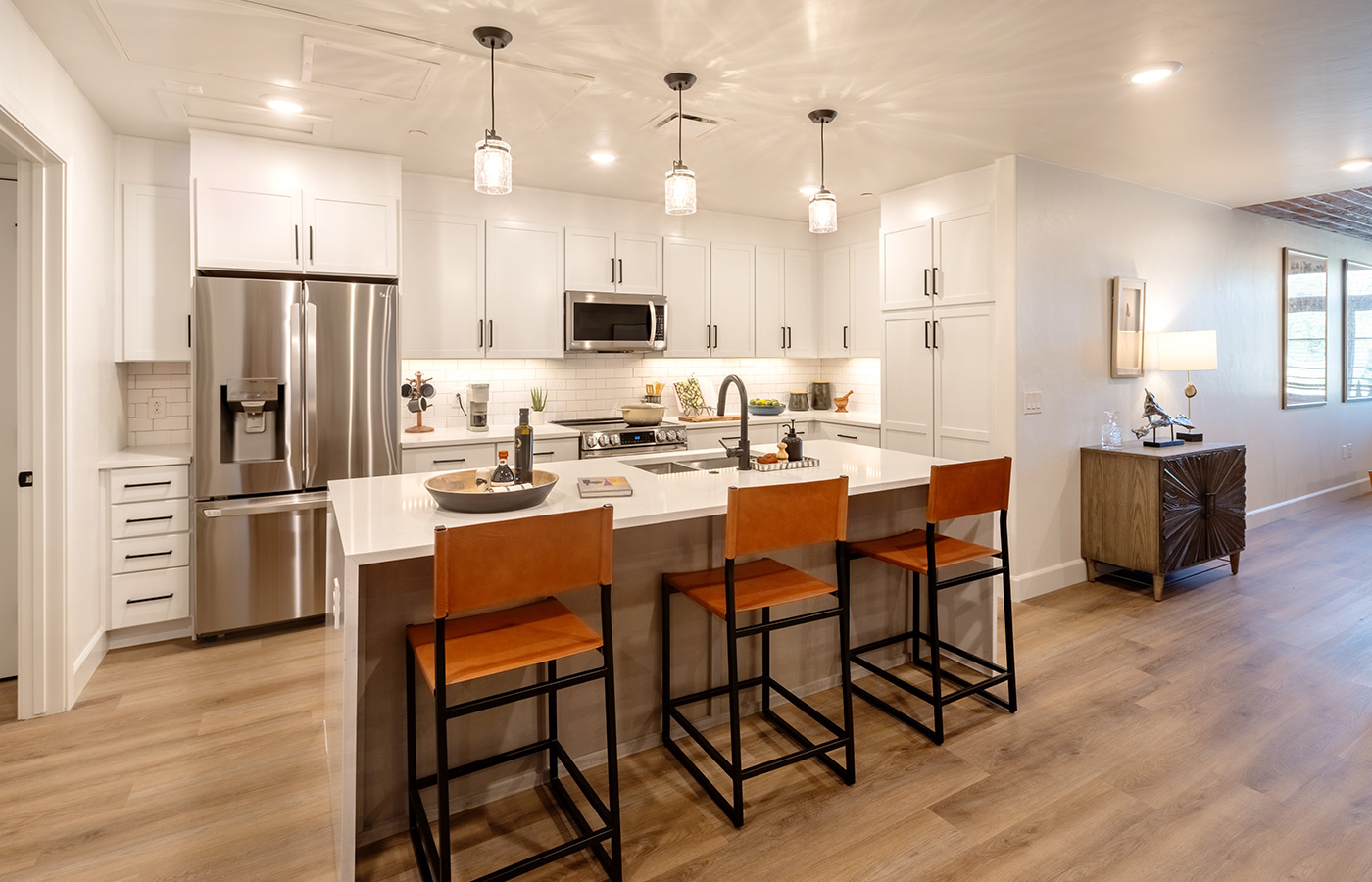 Modern furnished kitchen with an island.