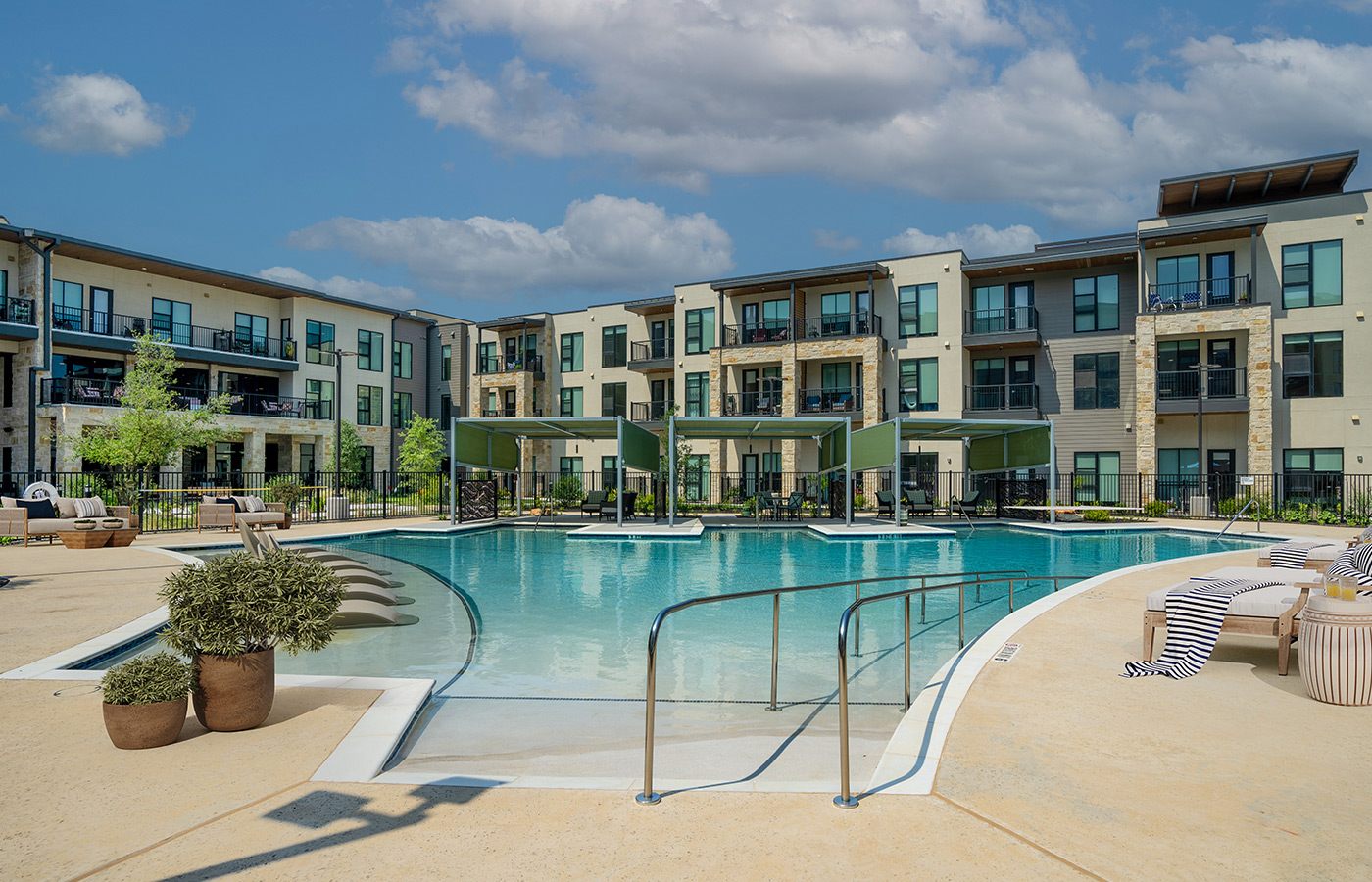 A beautiful outdoor pool with cabanas.