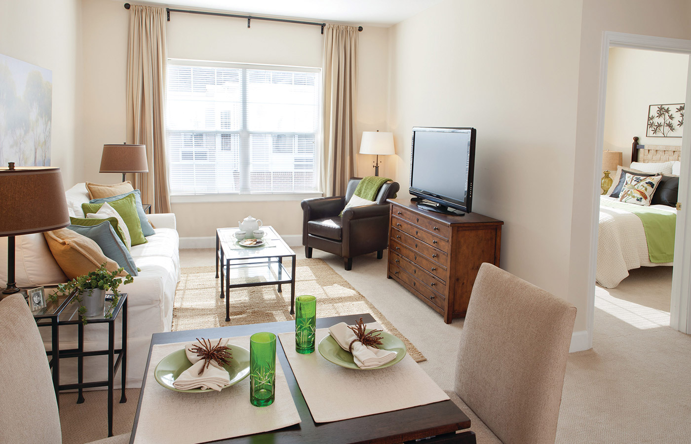 Furnished living room space with sofa, table, and seating area.
