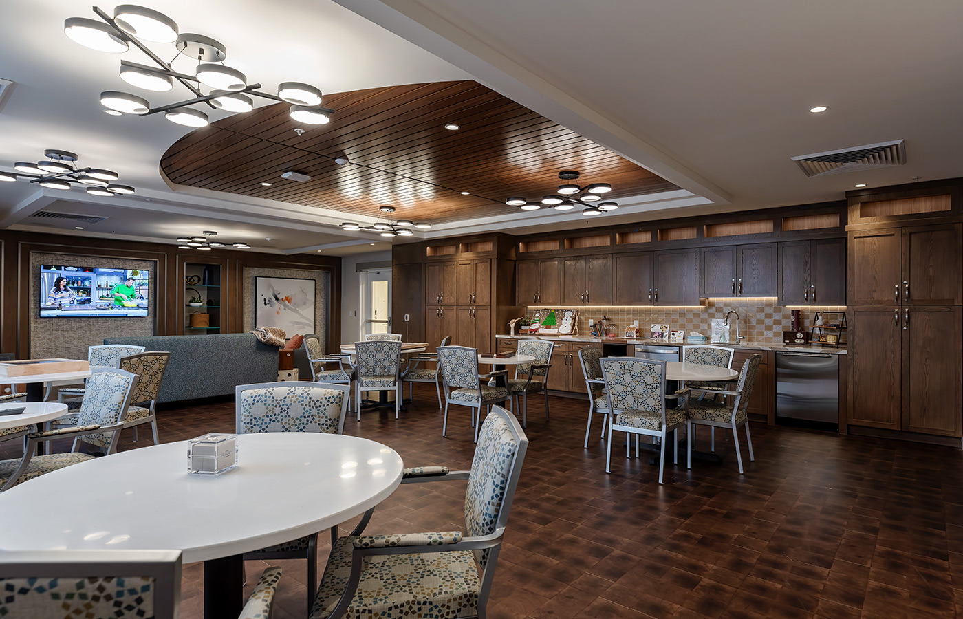 A dining area with tables.