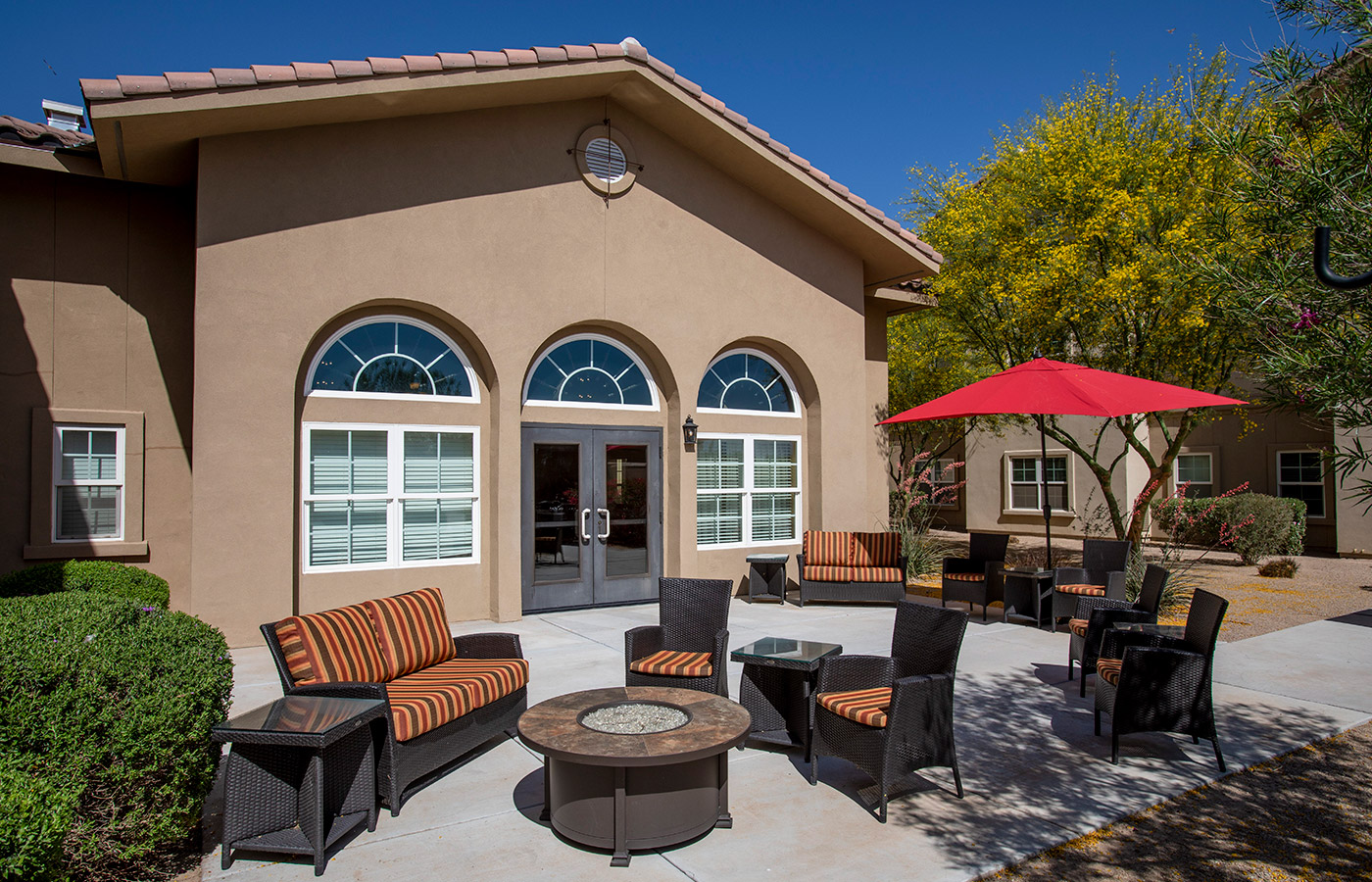 Large courtyard with outdoor seating.