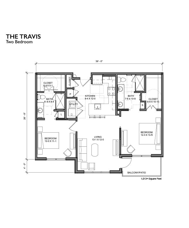 Two bedroom apartment floor plan.