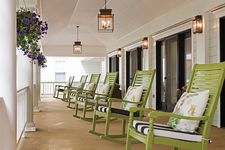 Rows of rocking chairs on the porch.