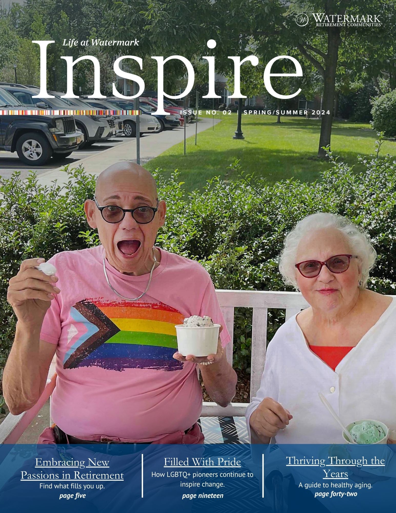 Two residents sitting on a bench eating ice cream on the cover of Inspire magazine.