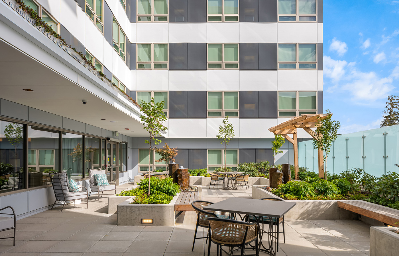 A courtyard with seating.