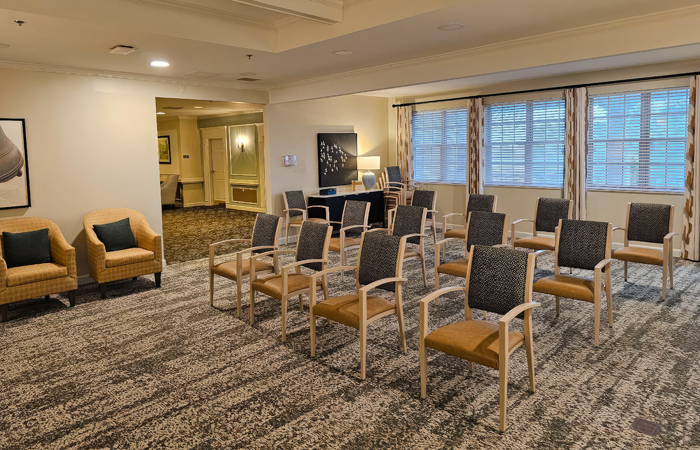 A modern meeting room with chairs.