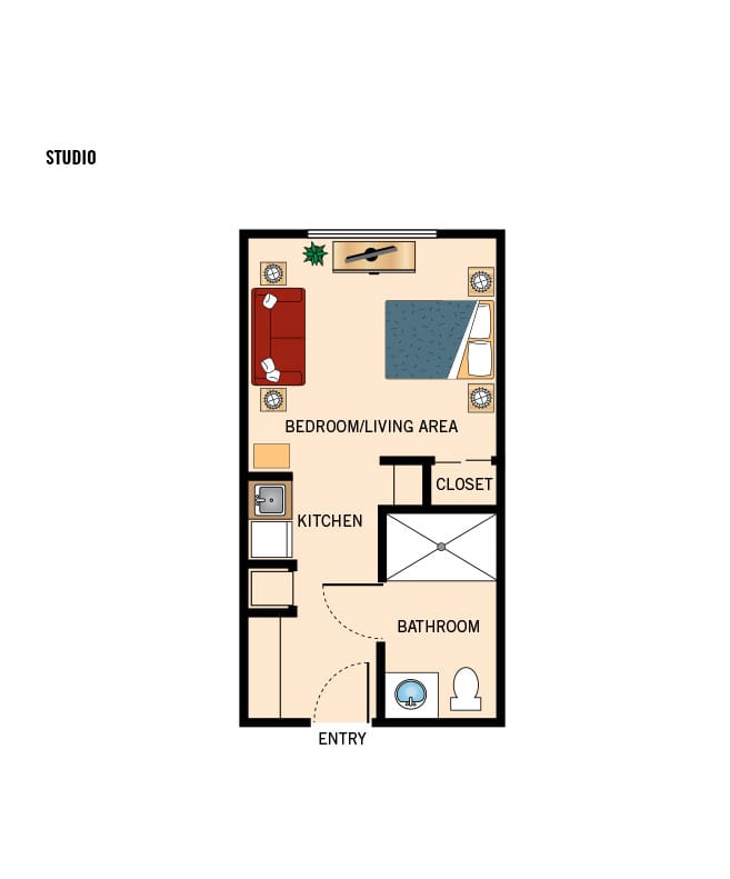 Studio bedroom apartment floor plan.