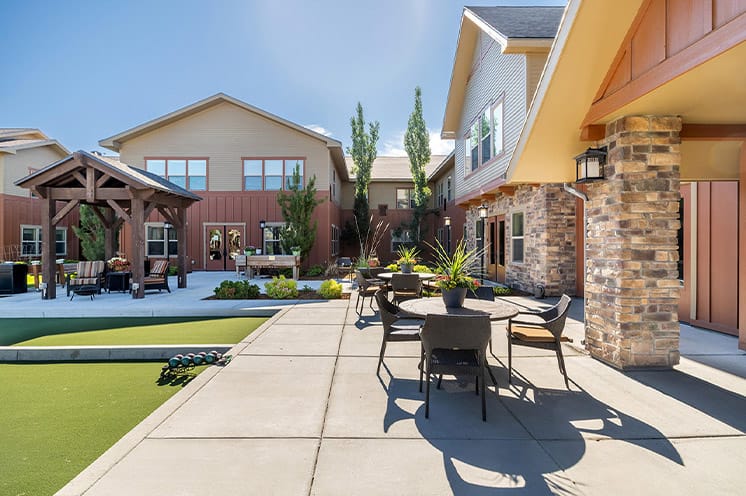 Exterior shot of building and courtyard.