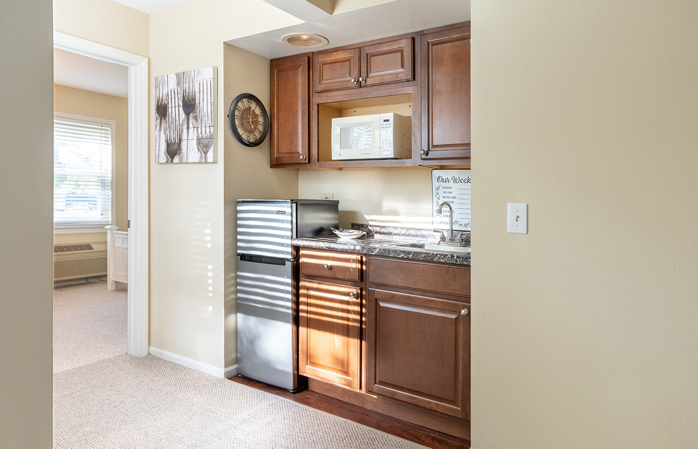 A kitchen in an apartment at The Fountains at Crystal Lake.