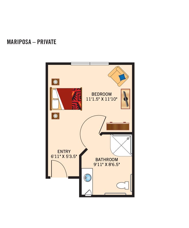 The Watermark at Cherry Hills Memory Care One Bedroom Floor Plan.