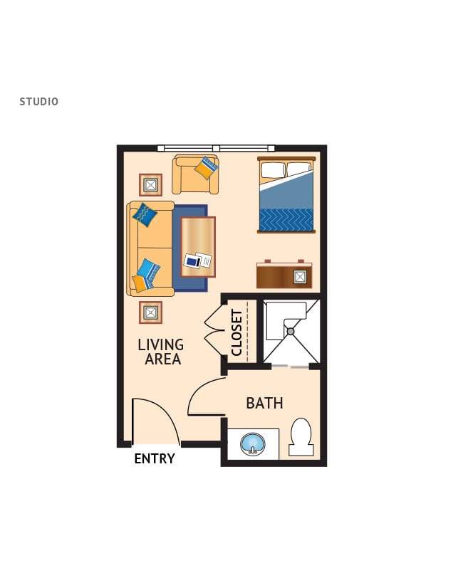 Memory Care studio floor plan at Crown Cove.