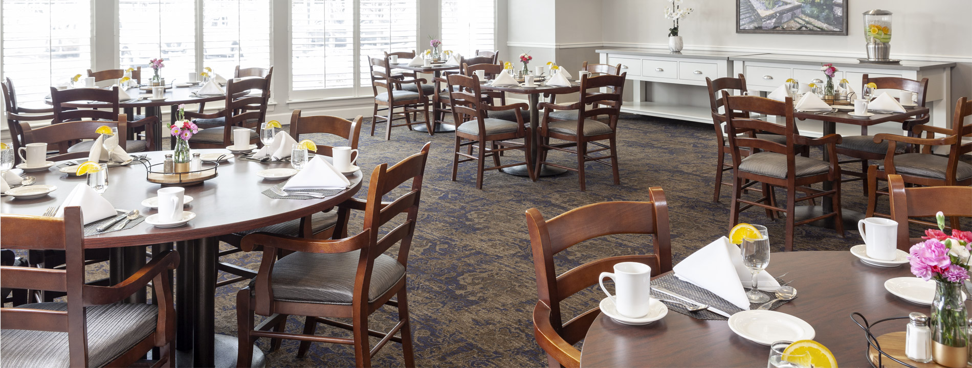 Dining room with seating area.
