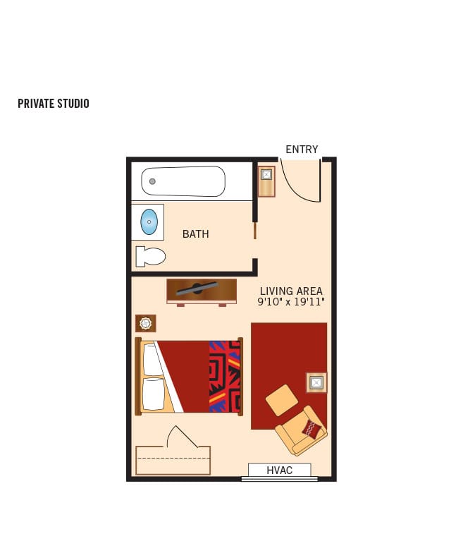 Assisted living studio floor plan for The Legacy at Grand 'Vie.