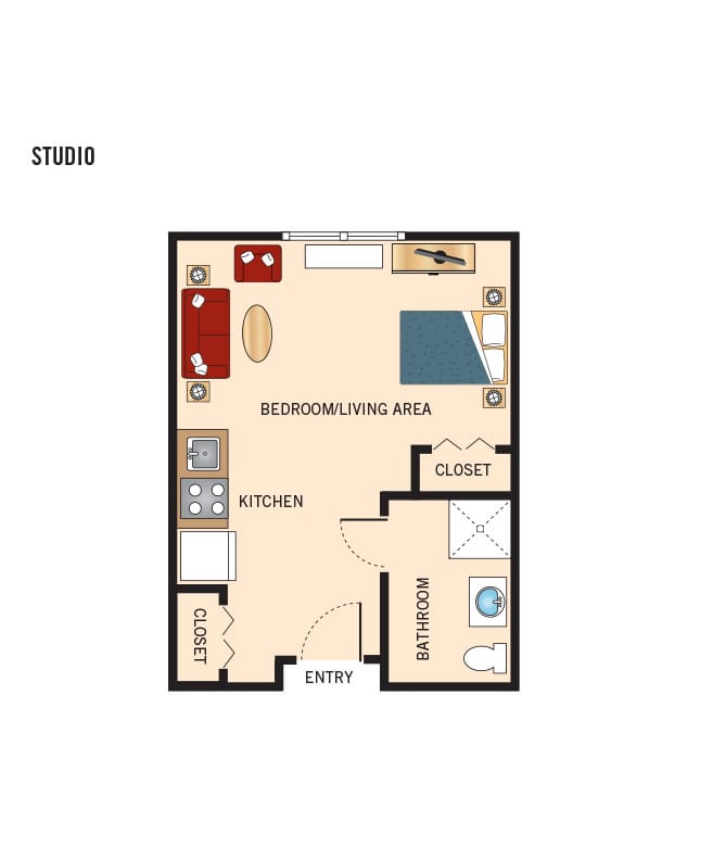 Studio bedroom apartment floor plan.