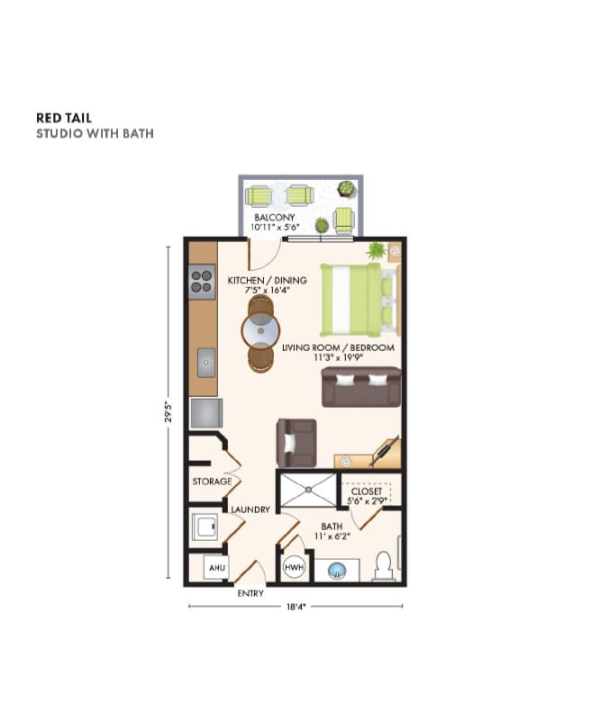 Studio floor plan at The Skybridge at Town Center.