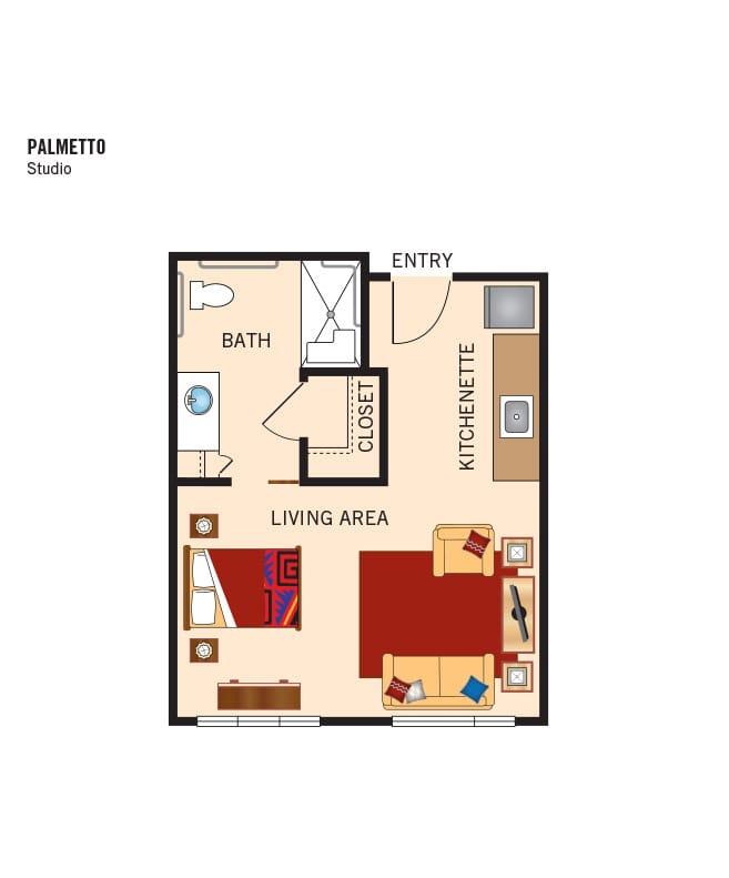 Assisted Living studio floor plan, The Watermark at Southpark Meadows.