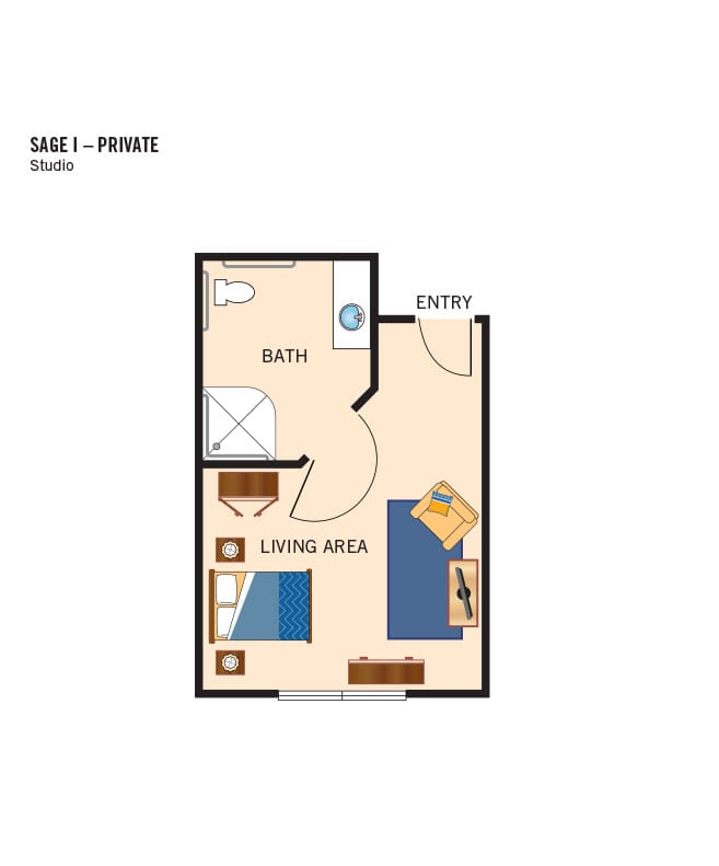 Memory care studio floor plan, The Watermark at Southpark Meadows.