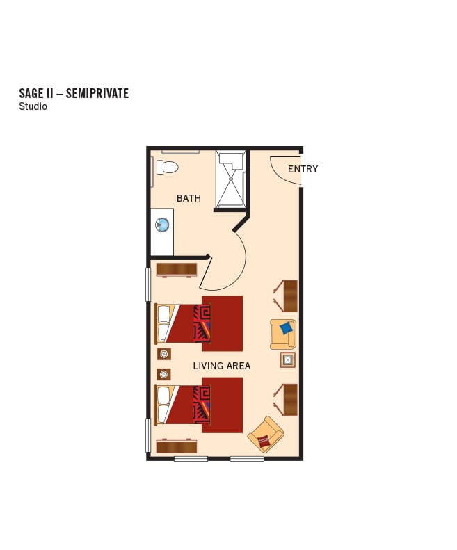 Memory care studio, semi-private floor plan, The Watermark at Southpark Meadows.