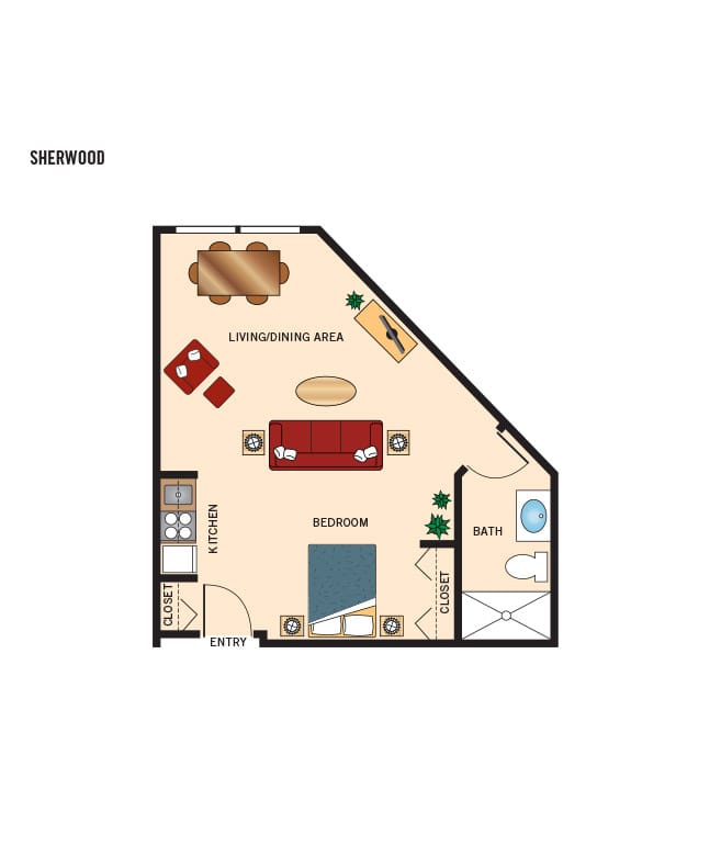 Assisted Living studio floor plan for The Fountains at Crystal Lake.