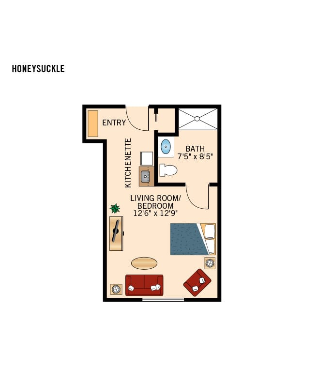 Assisted Living studio floor plan at The Fountains at La Cholla.