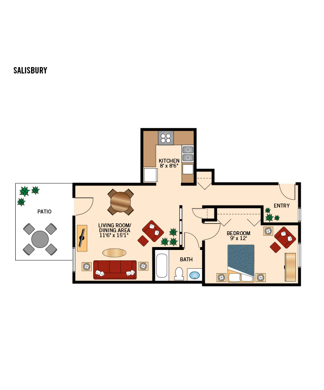 The Fountains at Millbrook one bedroom cottage floor plan.